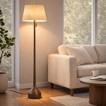 Mid Century Modern Real Wood Floor Lamp with 2 Shades for Two Looks | 65" Tall,Sculptural Teardrop Base,Wooden Pull Chain,Vintage Standing Lamp,Linen Shades,Living Room,Bedroom, Bulb Included1