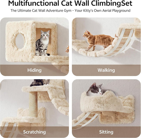 9-In-1 Cat Wall Shelves, Cat Wall Furniture Set with Bridge, Beige | Wall Mounted Cats Shelf for Space-Saving, Multi-Level Cat Climbing Systems for 16 Inch Drywall, with Scratching Posts, Condos3