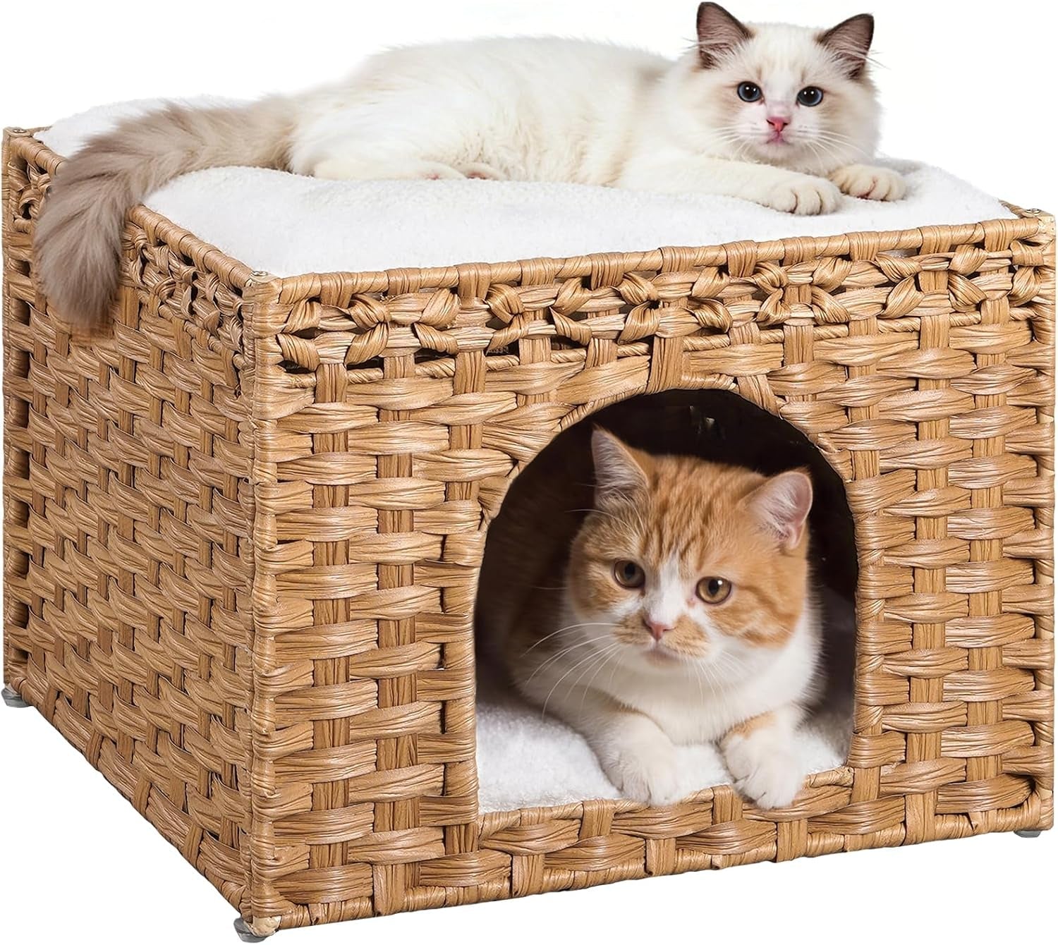 snughome-handwoven-rattan-cat-house-indoor-foldable-cat-bed-cave-with-2-removable-bed-mats-large-kitten-house-hideaway-pet-cube-16-54-x-16-54-x-12-6-inches-grey-for-living-room-bedroom
