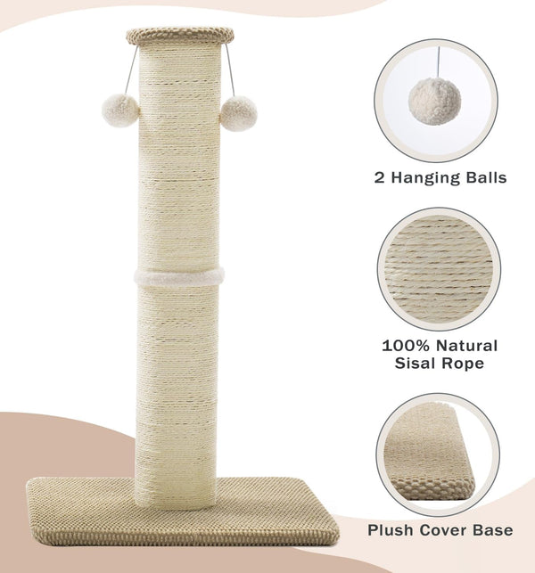 Made4Pets Tall Cat Scratching Post, 23.6" Natural Sisal Cat Scratcher with Hanging Balls, Heavy Duty and Thicker Scratching Post for Indoor Cats Adults, Sturdy Base Cat Scratch Post, Beige4