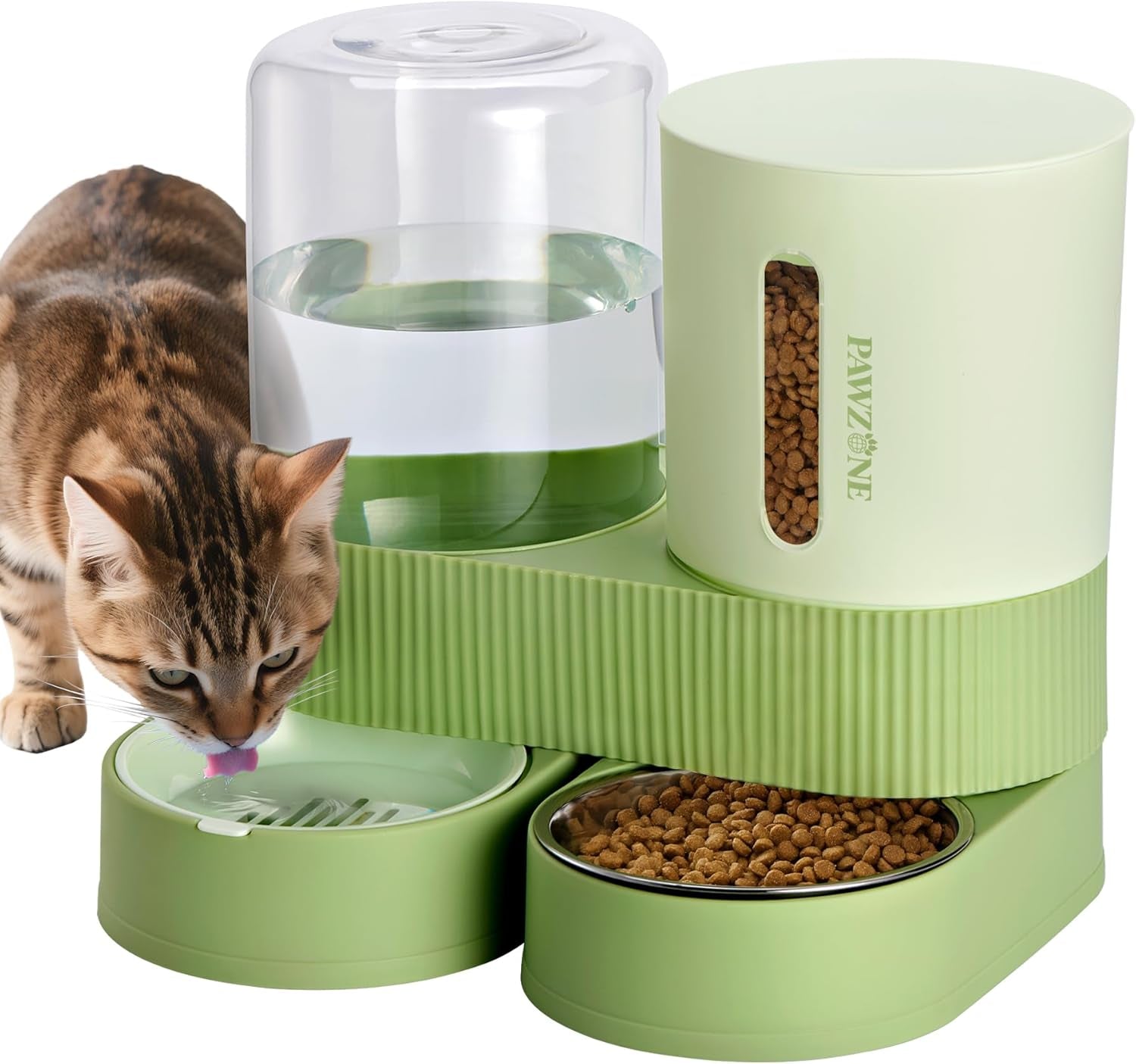 automatic-cat-feeder-stainless-steel-water-dispenser-gravity-food-feeder-and-waterer-set-with-pet-food-bowl-for-small-medium-kitten-puppy-pets-large-capacitygreen