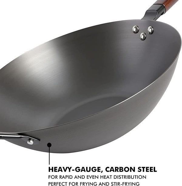 Carbon Steel Wok 14 Inch Flat Bottom Stir Fry Pan Durable Heavy Duty Cookware for High Heat Cooking Stir Fry Sautéing Frying Compatible with Gas Electric and Induction Stovetops2