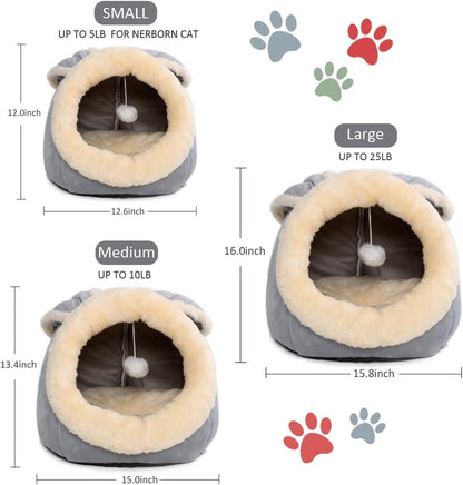 Cat Beds for Indoor Cats-Rabbit-Shaped Cat Cave Bed with Hanging Toy,Grey M | Super Soft Calming Cat Tent House for Kitten&Puppy,Warm Plush&Machine Washable&Removable Cushioned Pad,Cute Cat Hideaway4