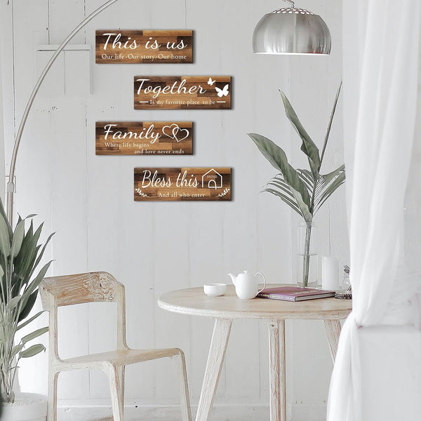 4 Pieces Home Wall Signs, THIS IS US/TOGETHER/BLESS THIS HOME/FAMILY Wall Decor for Living Room Bedroom, Rustic Wooden Farmhouse Wall Art , 4.7 X 13.8 Inch(Brown)6