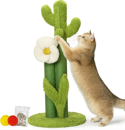 Happi N Pets 33" Tall Cactus Cat Scratching Post for Large Cats, Heavy Duty Double Scratch Posts with Flower & Crinkle Leaves, Cactus Cat Tree with 2 Bonus Toy & Catnip, Green Stable Scratching Post1