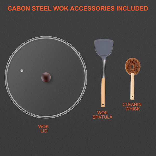Wok, 13" Carbon Steel Woks & Stir-Fry Pans Nonstick with Glass Lid | Pre-Seasoned Flat Bottom Chinese Wok for Electric, Induction, Gas, All Stoves3