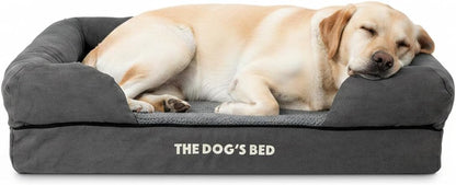 The Dog’S Bed Orthopedic Memory Foam Dog Bed with Bolsters for Large Dogs, High Density Support Mattress, Low Front Entry, Removable Washable Cover, Oxford Fabric, Blue with Dark Red Trim, Large40