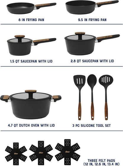 Oster Platinum Oxburg 14 Piece Forged Aluminum PFA Free Non-Toxic Premium Ceramic Non Stick Interior Cookware & Kitchen Tools Set - Black W/Wood Handles3