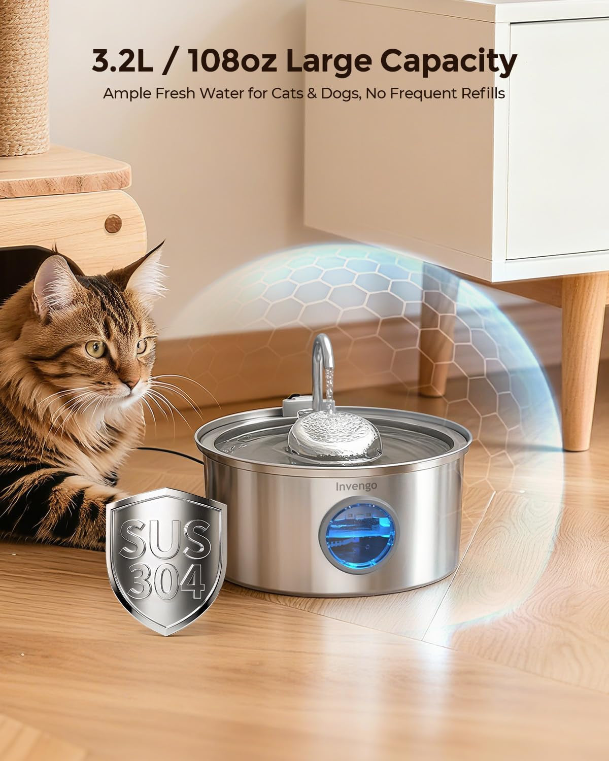 invengo-cat-water-fountain-stainless-steel-108oz-3-2l-pet-fountain-with-large-water-level-window-ultra-quiet-automatic-cat-water-dispenser-for-cats-and-dogs-2-flow-modes-splash-proof-design