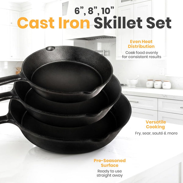 Cast Iron Skillet Set 3 Piece 6 8 10 Inch Pfas-Free Black | Chef Pan, Even Heat Distribution, Stovetop, Campfire and Grill Safe, Large Skillet Set, Indoor Outdoor Use8