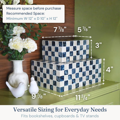 12"X8" Decorative Capiz Boxes Keepsake Trunk, Navy Blue, Set 2 | Handmade Capiz Inlaid Keepsake Boxes for Photos, Blue Checkered Boxes, Checkered Box Decor, Blue Storage Box for Bedroom3