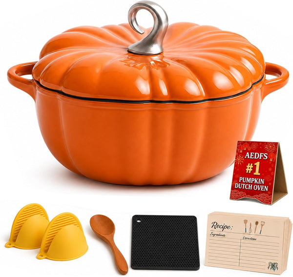 Pumpkin Dutch Oven with Lid, Enameled Cast Iron Pumpkin Pot, Halloween Cookware for Fall Kitchen Decor, Oven Safe Dutch Oven for Bread, Soup, Stew, Thanksgiving Gift (2.0 Qt Orange B)1