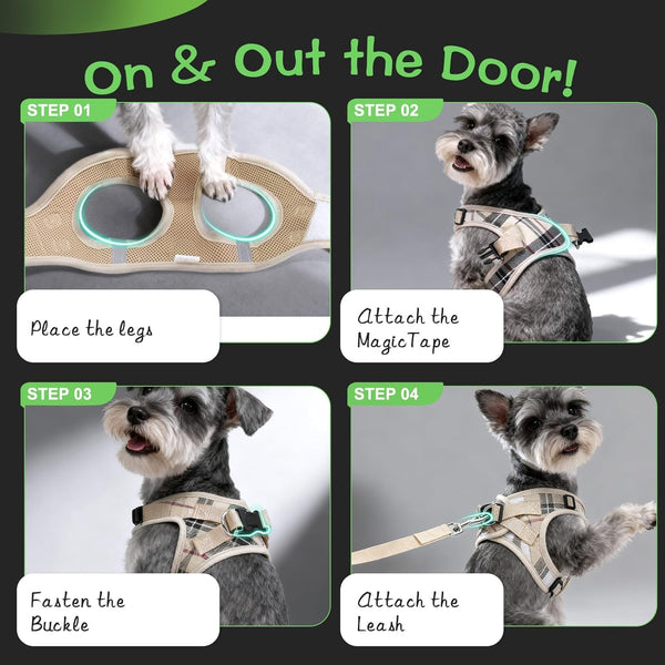 EXPAWLORER Plaid Small Dog Harness and Leash Set with Airtag Holder - No Pull Soft Padded Step in Dog Vest Harness Medium Sized Dog, Reflective Puppy Harness, Collar and Leash for Walking, Khaki S5
