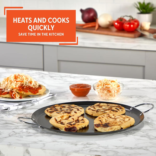 13.5In Carbon Steel Nonstick round Comal with Metal Handles, Black | Chrome Riveted Handles, Great for Tortillas, Essential Kitchen Tool5