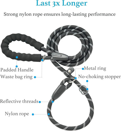 Iyoshop Durable Slip Lead Dog Leash with Padded Handle and Highly Reflective Threads, No Pull Dog Training Leash, (1/2" X 6 FT, Black)2