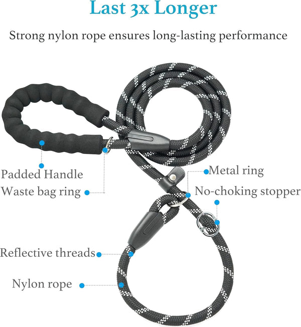 Iyoshop Durable Slip Lead Dog Leash with Padded Handle and Highly Reflective Threads, No Pull Dog Training Leash, (1/2" X 6 FT, Black)2