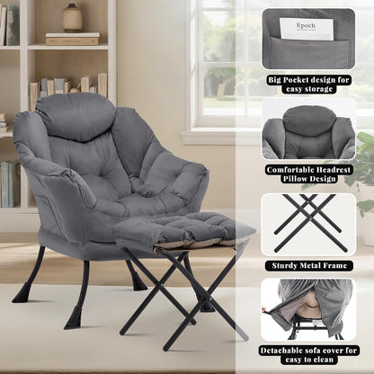 Lazy Chair with Ottoman, Comfy Reading Chair, Darkgrey | Cushioned Seat with Foldable Ottoman and Side Pocket, Lounge Chair for Bedroom, Living Room, Dorm and Small Spaces5