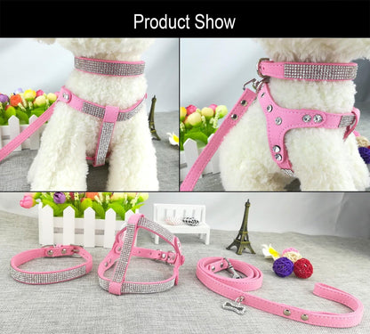 Dog Collar & Harness & Lead Sets Fashion Dog Collar Diamante with Harness & Leashes Comfortable Soft Collar Harness and Leashes Set for Dog - Pink - XS4