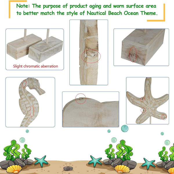 3Pcs Wood Starfish/Conch/Seahorse Statue Beach Ocean Coastal Decor | Nautical Style Figurines for Beach or Home, Tabletop Decor, Home Decor, Handmade Ornament6