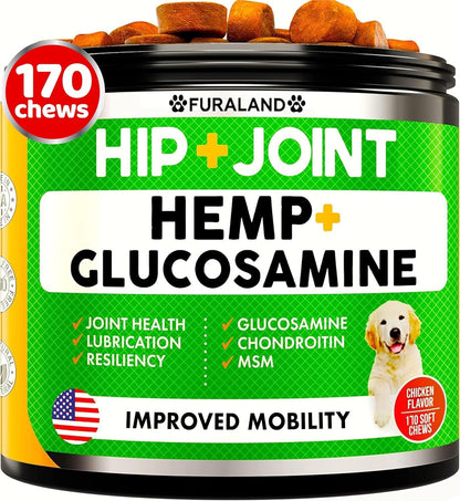 Hemp Hip and Joint Supplement for Dogs - Glucosamine for Dogs - 170 Dog Joint Pain Relief Treats - Chondroitin, Hemp Oil, MSM - Mobility & Flexibility Support - Advanced Care Health - Made in USA1
