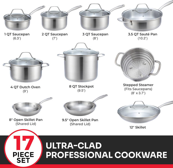 17-Piece Stainless Steel Pots and Pans Set, Tri-Ply Ultra-Clad Pro | Cookware Set, Induction Ready, Oven Safe, Even-Heat Aluminum Core, Includes Skillets, Saucepans, Dutch Oven, Stockpot5