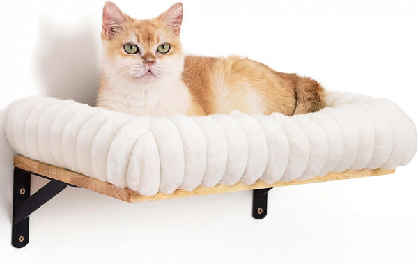 FUKUMARU Cat Wall Shelves, 17 X 10 Inch, Soft Cushion | Solid Rubber Wood Floating Shelf with Upgraded Installation, Kitten Wall Furniture for Sleeping, Playing and Scratching1