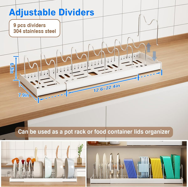 2 Pack Pots and Pans Organizer under Cabinet, 22" Expandable Food Storage Container Lid Organizers with 9 Adjustable Dividers Pot and Pan Lid Holders Rack inside Cabinet/Countertop(White)2