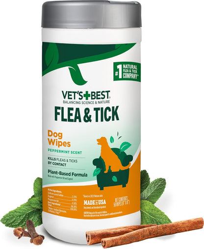 Vet'S Best Flea & Tick Wipes for Dogs, Plant-Based, Pest Control, 50 Count | Plant-Based Flea & Tick Wipes, Essential Oils, Helps Control Fleas & Ticks, for Dogs, Kennels & Home Use1