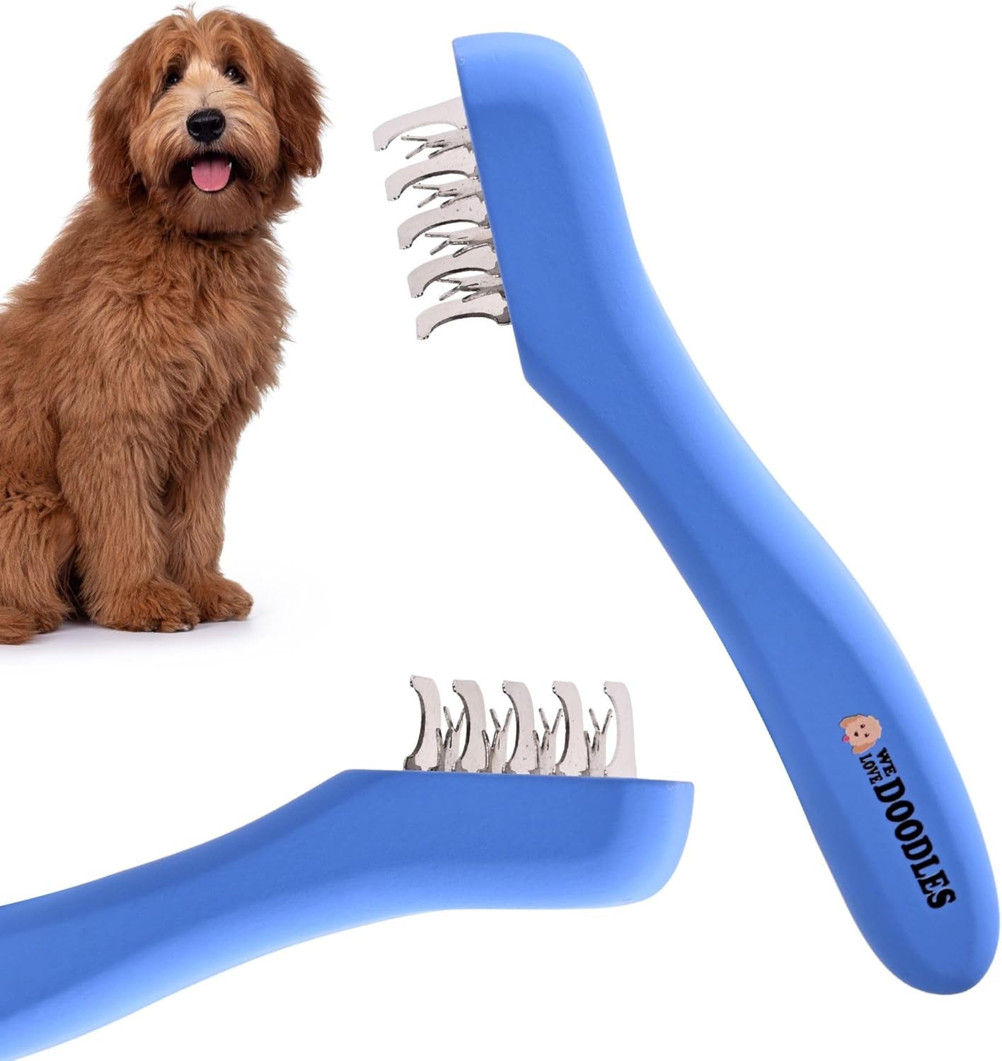 we-love-doodles-dematting-comb-for-dogs-dog-hair-mat-remover-detangler-comb-deshedding-tool-removes-tangles-knots-loose-hair-metal-comb-ergonomic-handle-family-5-blades