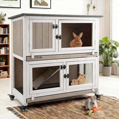2 Story Rabbit Hutch Outdoor Indoor, Wooden Bunny Cage with 6 Lockable Wheels, 3 Removable No Leakage Pull Out Trays, Chew-Proof Ramp & Waterproof Roof, Ideal for Rabbit & Guinea Pig8