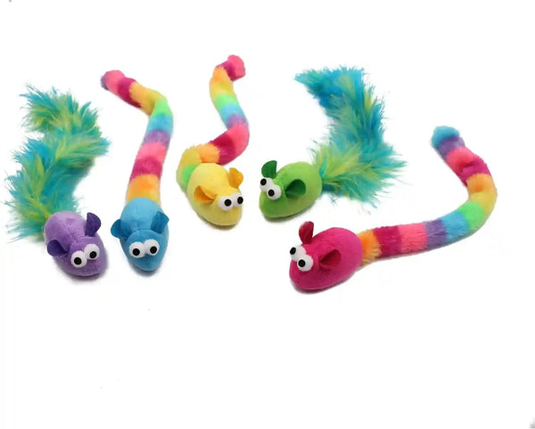 Jumpaws 5 Pack Interactive Catnip and Feather Cat Toys, Multi-Colored Mice with Long Feather Tail, Accessories for Indoor Cat, Catnip Plush Toys with Natural Feathers and Rattles5