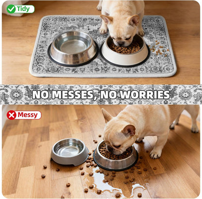 PUPTECK Dog Food Mat, Absorbent Pet Feeding Bowl Mat, Non-Slip Dog Mat for Food and Water, Quick Dry No Stains Cat Placemats Pet Supplies for Messy Drinkers, Grey 12"X20"5