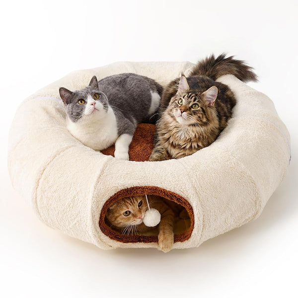 ZOMISIA Cat Tunnel Bed for Indoor Cats, Cute Cat Donut Toy Tunnel for Small Large Cats, Peekaboo Pet Cave Play Tunnel Toys for Kitten/Rabbit,Beige9