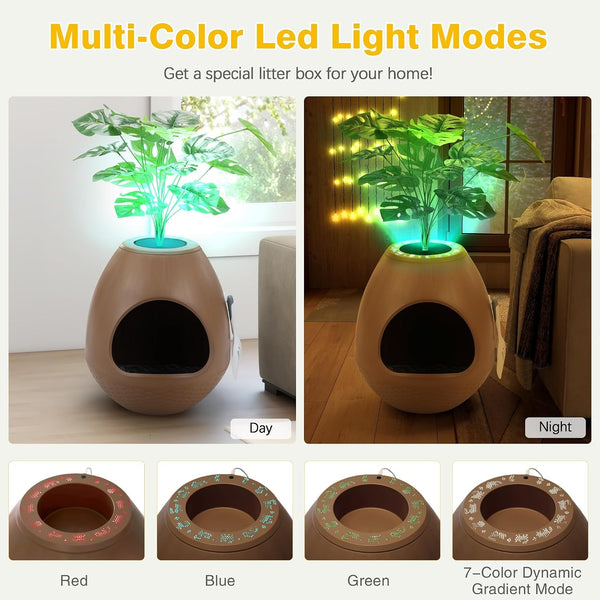 Eggloa6 Hidden Cat Litter Box with Artificial Plants ＆ Odor Removal System, Egg-Shaped Enclosure Includes Scoop ＆3PCS Liners Secret, Discreet Furniture, DIY Assembly Cat Litter Box Cabinet (Brown)3