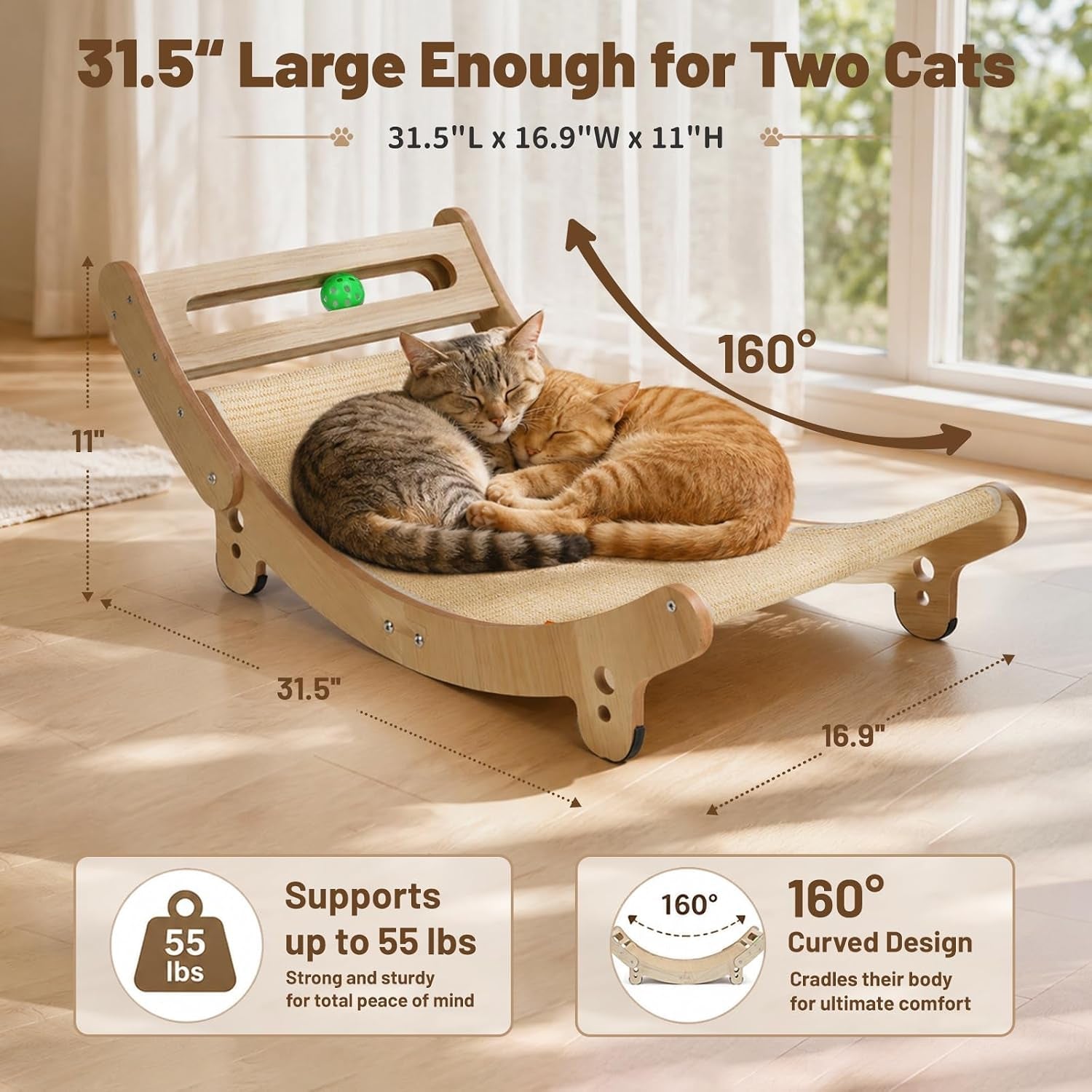 31-5-sisal-cat-scratcher-bed-with-bell-balls-wooden-cat-furniturexxl-cat-scratching-post-for-indoor-cats-hammock-natural-sisal-cat-scratch-anti-slip-and-stable-without-shaking-easy-to-install