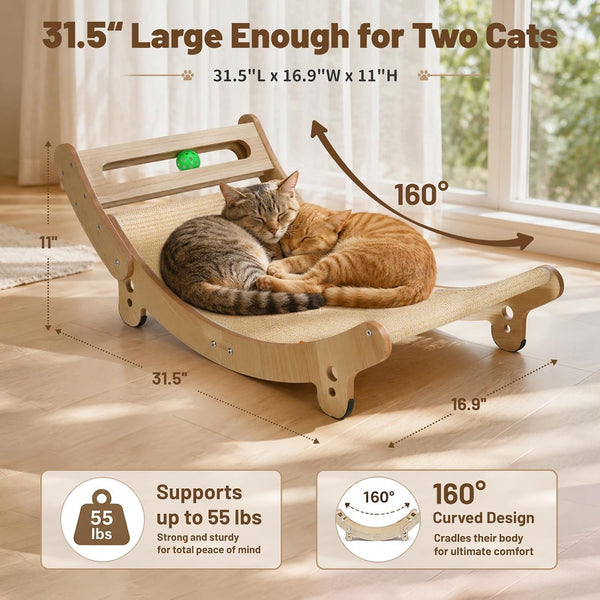 31.5" Sisal Cat Scratcher Bed with Bell Balls Wooden Cat Furniture(Xxl) | Cat Scratching Post for Indoor Cats Hammock.Natural Sisal Cat Scratch.Anti Slip and Stable without Shaking.Easy to Install2
