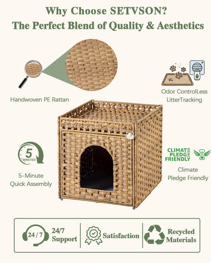 SETVSON Cat Litter Box Enclosure Furniture, Hidden Litter Box with Mat and Fence, Handwoven Rattan Cat House with Two S-Shaped Hooks for Living Room, Bedroom, 18.5 X 20.5 X 19.1 Inches (Natural)7