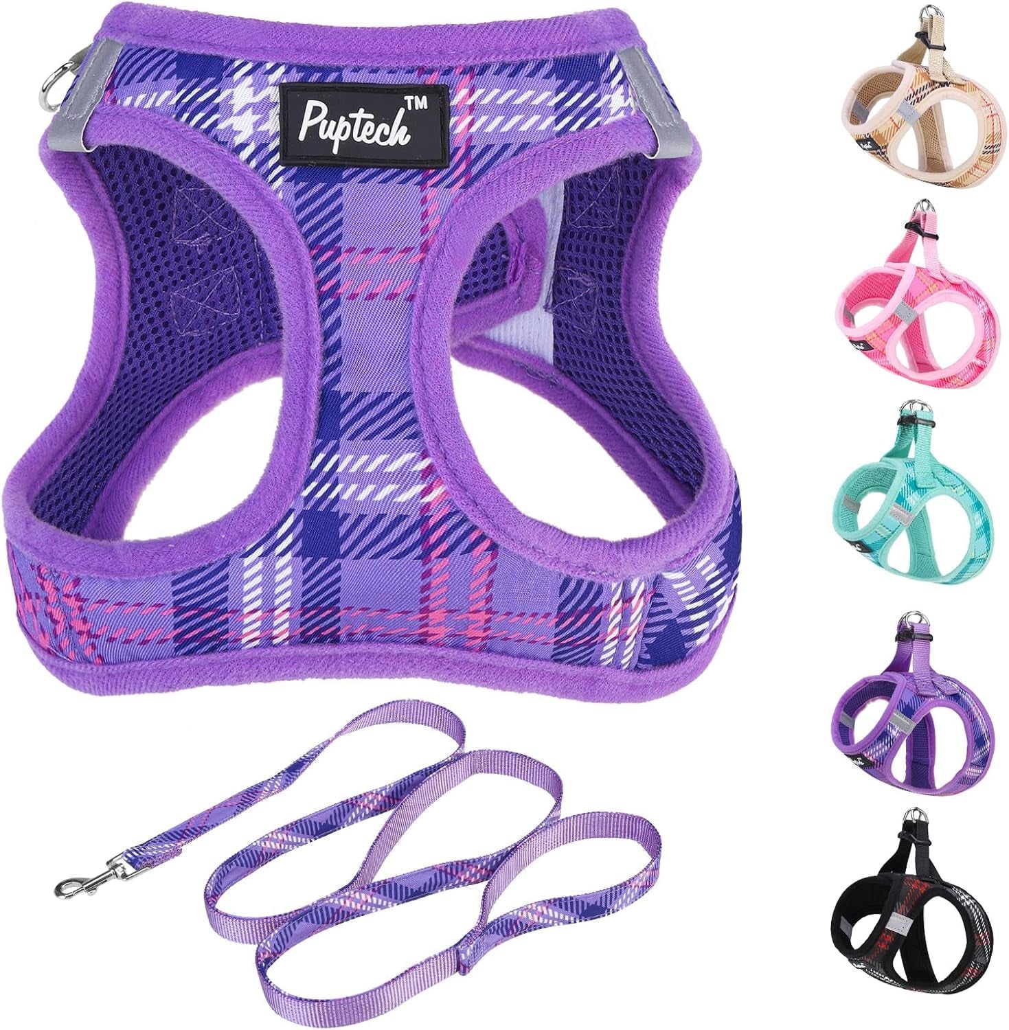 pupteck-dog-harness-and-leash-set-for-small-medium-dogs-no-pull-step-in-soft-mesh-puppy-cat-vest-harnesses-reflective-at-night-green-s