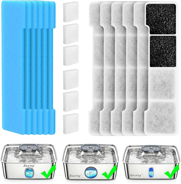 Kastty 15L Dog Water Fountain Filter Replacement for FS76 FS78 FS79 | Filter Made of Activated Carbon and PP Cotton, 8 Pack Pet Fountain Filters 8 Pack Pre-Filter Sponge with 8 Pump Sponge L059