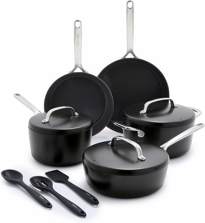 GP5 Hard Anodized Healthy Ceramic Nonstick 14 Piece Cookware Pots & Pans Set,Heavy Gauge Scratch Resistant, Stay Flat Surface,Induction, Mirror Finish Handle,Oven Safe, Pfas-Free, Black1