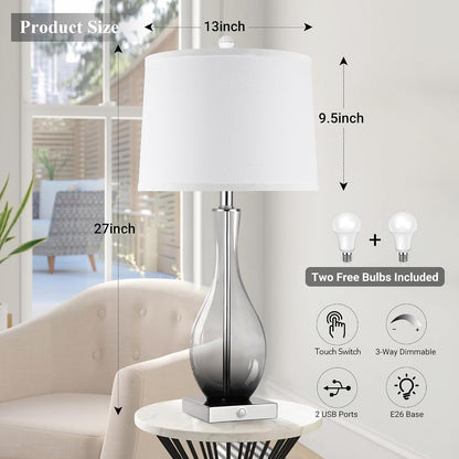 27" Glass Table Lamps with USB Ports, Touch Bedside Desk Lamps Set of 2 | 3-Way Dimmable,E26 Base, Bulbs Included, Gray Gradient Lamp Body, Modern Nightstand Lamps for Livingroom, Bedroom, Office5