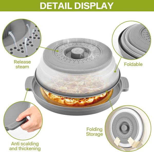 Microwave Splatter Cover for Food with Anti-Scald Base Plate and Handles, Large Bpa-Free Silicone Vented Collapsible Guard Lid, Kitchen Essential Gadget for Meal Prep, 10.7 Inch(Gray)5