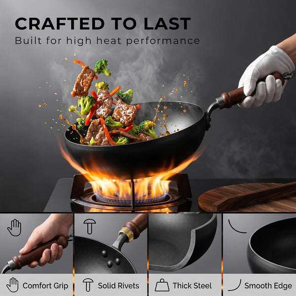 Cast Iron Wok Japanese Cookware with Lid Pan Cooking Thick Soup Hand Hammered Frying Pot Hotpot Mini Small Asian Non-Stick Upgraded Sauce Steel Carbon Deep Enamel Skillet(Glass Lid,11In)4