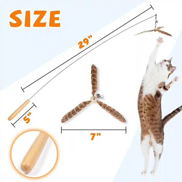 JXFUKAL Cat Wand Toys, Interactive Cat Toys with 3 Feather Refills, 29'' Flexible Steel Wire, Sturdy Wood Handle & Bell for Kitty Kitten, Cat Toys for Indoor Cats Teaser Cat String Toy4