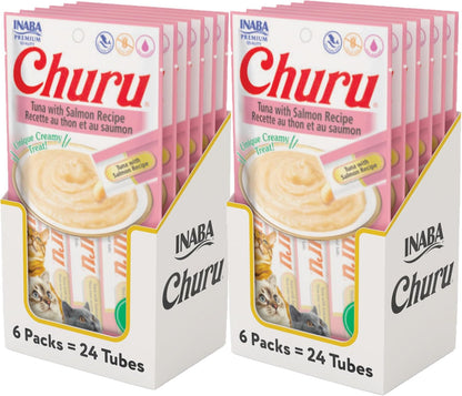INABA Churu Cat Treats, Grain-Free, Lickable, Squeezable Creamy Purée Cat Treat/Topper with Vitamin E & Taurine, 0.5 Ounces Each Tube, 4 Tubes, Tuna with Salmon Recipe29