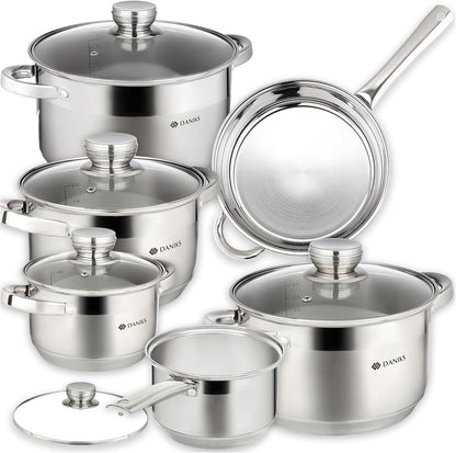 Standard 11-Piece Stainless Steel Cookware Set with Glass Lids, Includes Saucepan with Lid and Frying Pan, Tri-Ply Bases for Even Heating, Induction Compatible, Dishwasher Safe, Silver1