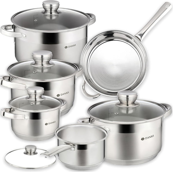 Standard 11-Piece Stainless Steel Cookware Set with Glass Lids, Includes Saucepan with Lid and Frying Pan, Tri-Ply Bases for Even Heating, Induction Compatible, Dishwasher Safe, Silver1