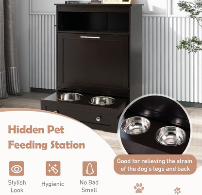 Dog Food Cabinet Feeding Station with 2 Raised Bowls, Pull Out Elevated Dog Bowl, Storage, 3 Hangers, Pet Feeder Toy Leashes Organizer, Brown4