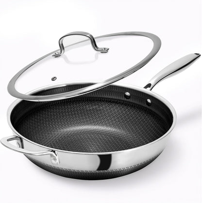 Wok Pan,Hybrid 12 Inch Wok with Lid Stainless Steel Wok | PFOA Free,Non Stick,Stainless Steel,Oven Safe,Compatible with All Cooktops.1