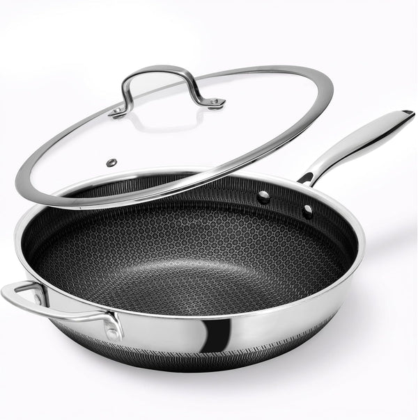 Wok Pan,Hybrid 12 Inch Wok with Lid Stainless Steel Wok | PFOA Free,Non Stick,Stainless Steel,Oven Safe,Compatible with All Cooktops.1